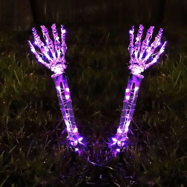  1 paire de décorations solaires d'Halloween avec squelette éclairé de 45,7 cm, piquets à main, 40 lumières LED, figurine lumineuse, fête de vacances, décoration intérieure et extérieure pour jardin,