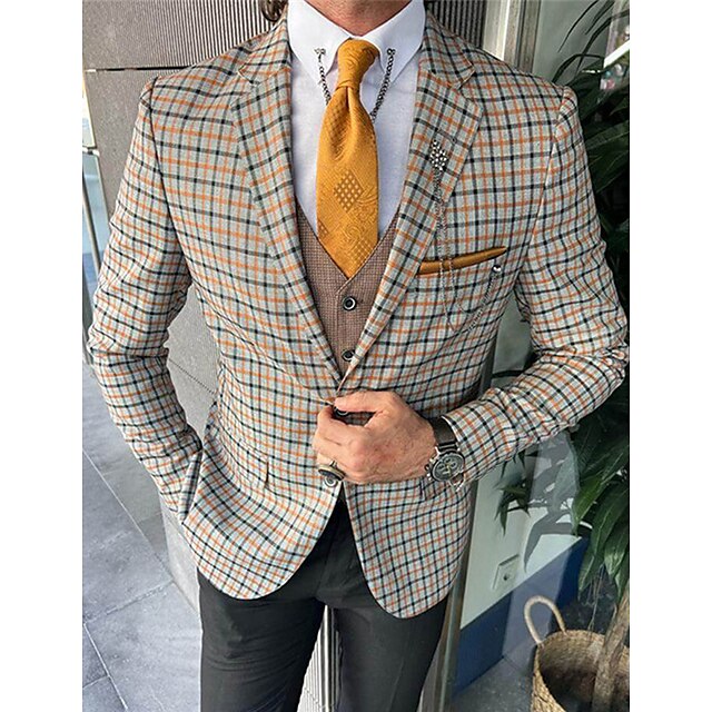  Men's Suits Blazer Business Formal Evening Birthday Party Spring &  Fall Fashion Casual Plaid / Check Geometry Polyester Casual / Daily Pocket Single Breasted Blazer khaki