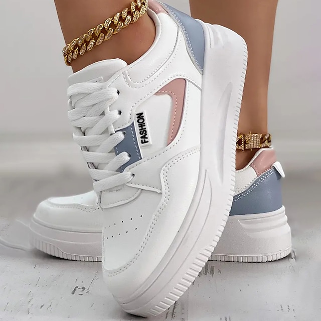  女性用 スニーカー 白い靴 厚底スニーカー 白い靴 アウトドア 日常 夏 プラットフォーム ファッション カジュアル プレッピー ＰＵレザー 靴紐 ホワイト ライトグレー