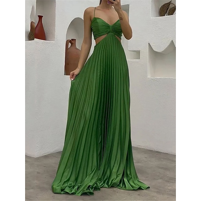  Women's Long Dress Maxi Dress Prom Dress Party Dress Wedding Guest Dress Green Pure Color Sleeveless Spring Fall Winter Pleated Fashion Spaghetti Strap Winter Dress Evening Party Wedding Guest 2023 S