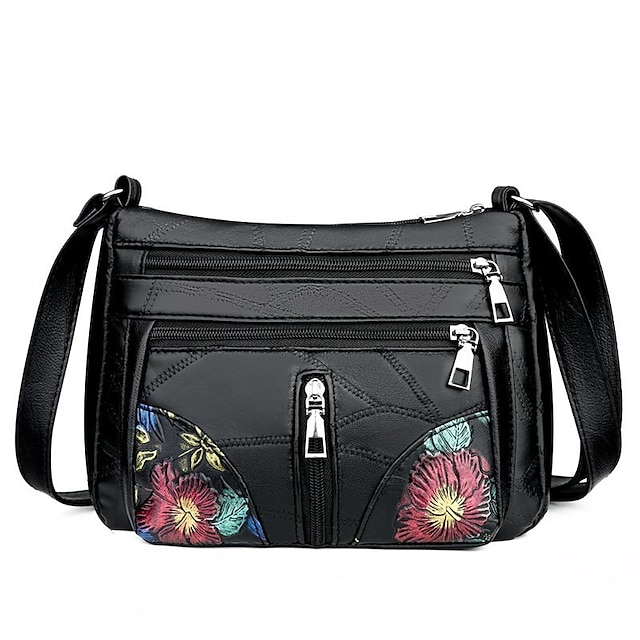  Women's Crossbody Bag Shoulder Bag Hobo Bag PU Leather Outdoor Daily Holiday Embroidery Zipper Large Capacity Waterproof Lightweight Solid Color Flower Folk Black
