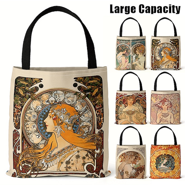  Women's Tote Shoulder Bag Canvas Tote Bag Polyester Outdoor Shopping Daily Print Large Capacity Foldable Lightweight Geometric Folk Mucha - Primroses and Feathers Mucha - Reverie Mucha-Autumn Leaves