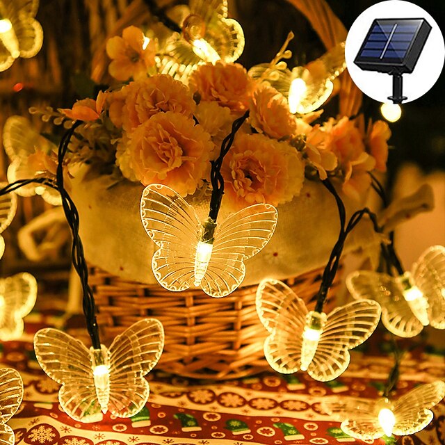  Solar Butterfly String Lights Outdoor Waterproof Garden Lights 5m 20led 6.5m 30led 8 Modes Lighting Christmas New Year Wedding Party Holiday Patio Terrace Balcony Lawn Outdoor Decoration