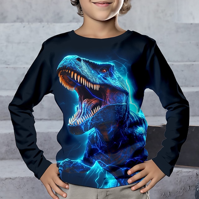  Drenge 3D Dinosaurus T-shirt Langærmet 3D-udskrivning Efterår Vinter Sport Mode Gade Polyester Børn 3-12 år Rund hals udendørs Afslappet Daglig Regulær