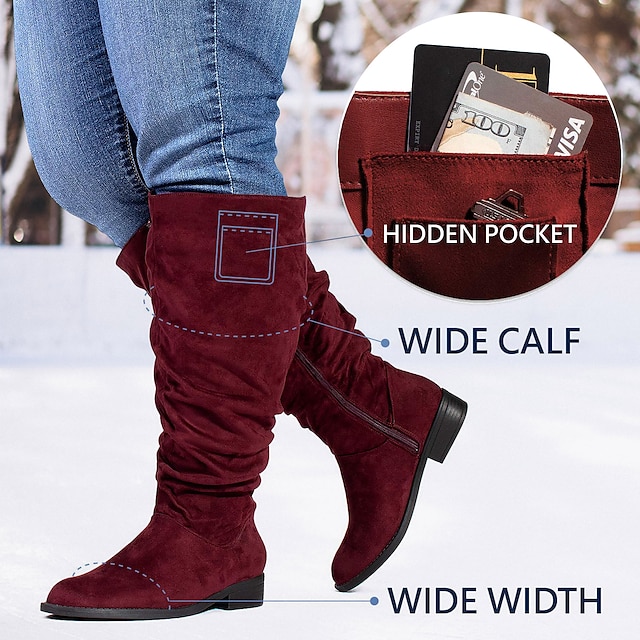  Femme Bottes Bottes mollet larges Chaussures en daim Bottes souples Extérieur du quotidien Couleur unie Bottes mi-mollet Hiver Fermeture Talon Plat Bout rond Décontractées Confort Minimalisme Daim