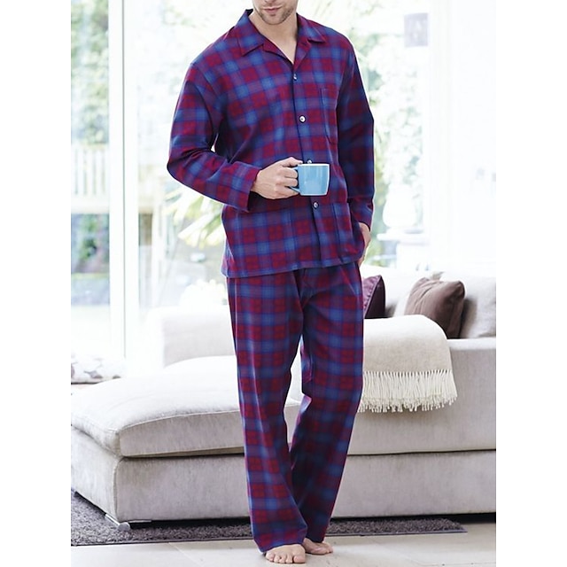  Men's Loungewear Sleepwear Pajama Set Pajama Top and Pant 2 Pieces Plaid Stylish Casual Comfort Home Daily Cotton Comfort Lapel Long Sleeve Shirt Pant Drawstring Elastic Waist Spring Fall Blue