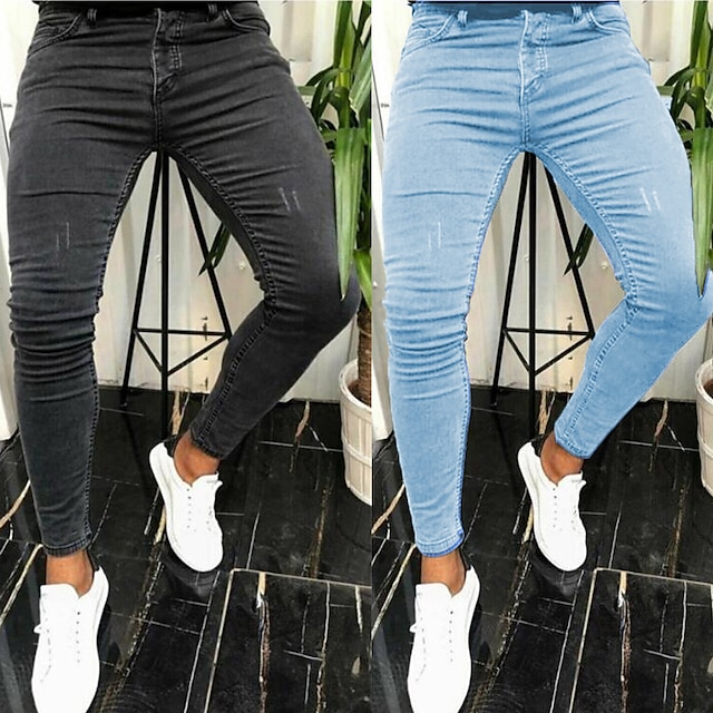  Homens Jeans Magro Calças Calças jeans Bolsos Cor Sólida Conforto Vestível Ao ar livre Diário Moda Roupa de rua Preto Azul Com Stretch