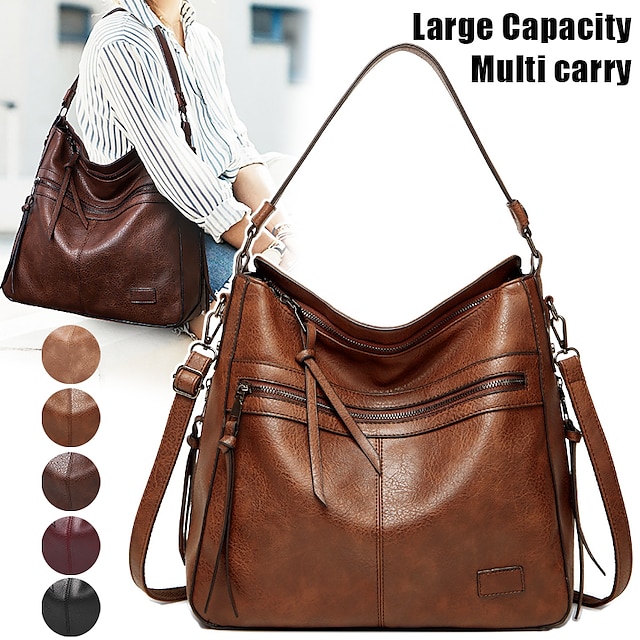  Women's Crossbody Bag Tote Shoulder Bag Hobo Bag PU Leather Outdoor Daily Holiday Zipper Large Capacity Waterproof Durable Solid Color Brown spot Date red Black