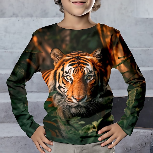  Drenge 3D Tiger T-shirt Langærmet 3D-udskrivning Efterår Vinter Sport Mode Gade Polyester Børn 3-12 år Rund hals udendørs Afslappet Daglig Regulær