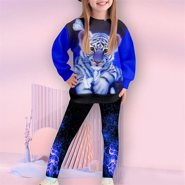  Pige 3D Tiger Sweatshirt og legging Sæt Langærmet 3D-udskrivning Efterår Vinter Aktiv Mode Daglig Polyester Børn 3-12 år Rund hals udendørs Stævnemøde Ferierejse Regulær