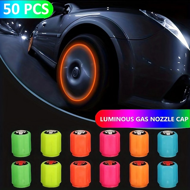  50pcs Fluorescent Skull Car Tire Valve Valve Stem Cover, ABS Corrosion Resistant Wheel Valve Cover, Glow In The Dark, Car Decoration Accessories