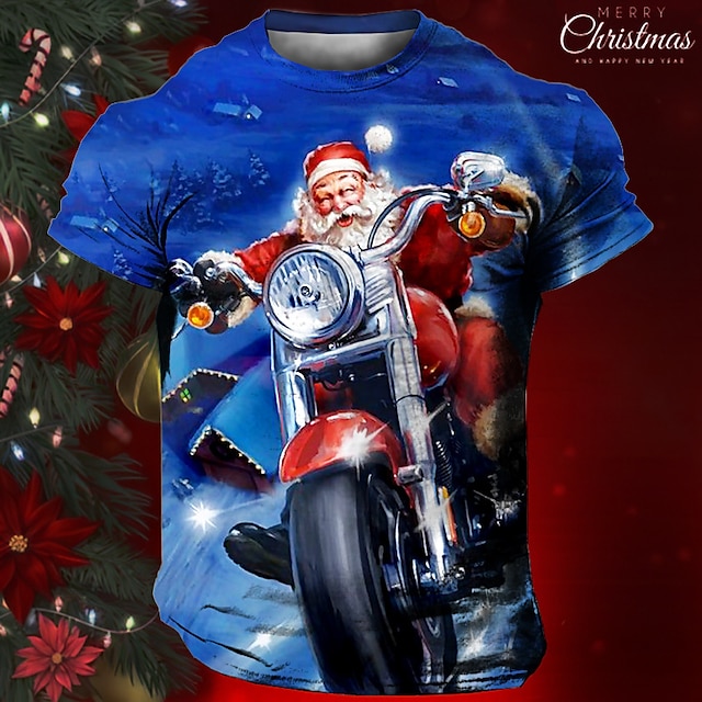  Weihnachts-T-Shirt, Grafik, Weihnachtsmann, täglich, Designer, Retro, Vintage, Herren-T-Shirt mit 3D-Druck, T-Shirt, Sport, Outdoor, Urlaub, Ausgehen, Weihnachts-T-Shirt, blau, kurzärmeliges T-Shirt