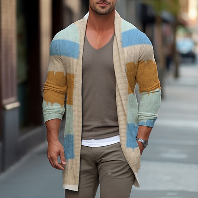  Men's Sweater Cardigan Sweater Ribbed Knit Knitted Regular Open Front Striped Daily Wear Going out Warm Ups Modern Contemporary Clothing Apparel Winter Beige S M L