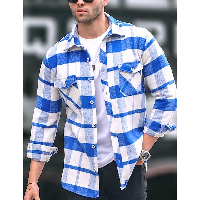  Men's Shacket Blue Long Sleeve Lapel Spring &  Fall Daily Wear Going out Clothing Apparel
