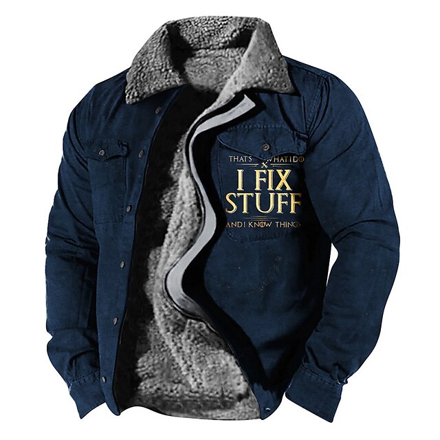  Letter Casual Sherpa Jacket Coat Men's Fall & Winter Sports & Outdoor Daily Wear Going out Long Sleeve Turndown Dark Navy Brown S M L Polyester Jacket