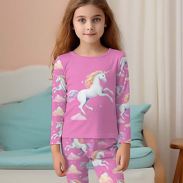  Flickor 3D Enhörnings Pyjamas set Rosa Långärmad 3D-tryck Höst Vinter Aktiv Mode söt stil Polyester Barn 3-12 år Rund hals Hem Casual Inomhus Normal