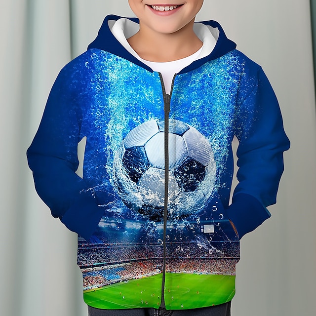  Pojkar 3D Fotboll Huvtröja Kappa Ytterkläder Långärmad 3D-tryck Höst Vinter Mode Streetwear Häftig Polyester Barn 3-12 år Utomhus Ledigt Dagligen Normal