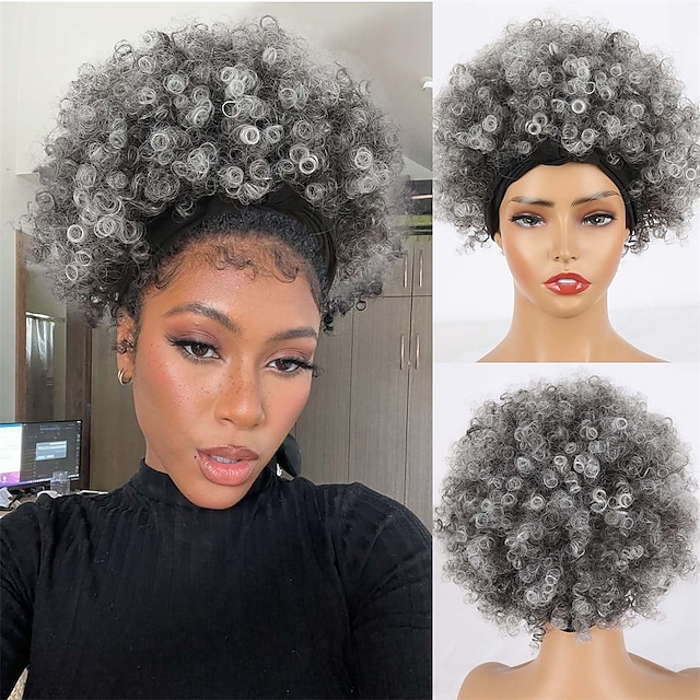 Afro Kinky Curly Wig Headband Wig Gray Wigs for Women Short Curly Afro Wig with Headband Attached Synthetic Gray Ombre Wig Womens Curly Real Hair Glueless Wig Gray Hair Wigs 4Inch