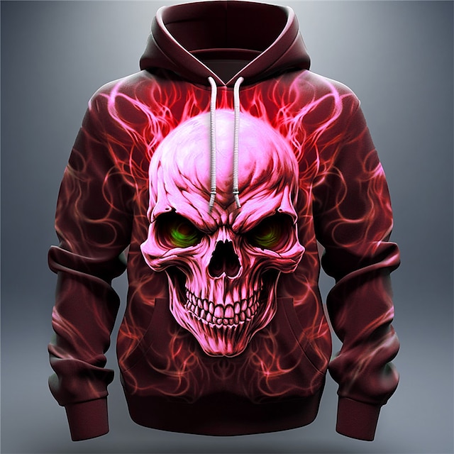  Hombre Cráneos Estampados Fuego Sudadera Sudaderas Diario Clásico Manga Larga Con Capucha Festivos Noche Ropa de calle Rojo Azul Real Estampado Primavera & Otoño Diseñador