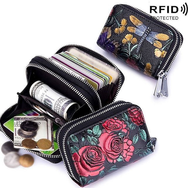  porta-cartões com zíper duplo padrão floral zíper em torno da bolsa de moedas porta-cartões de crédito de couro sintético feminino
