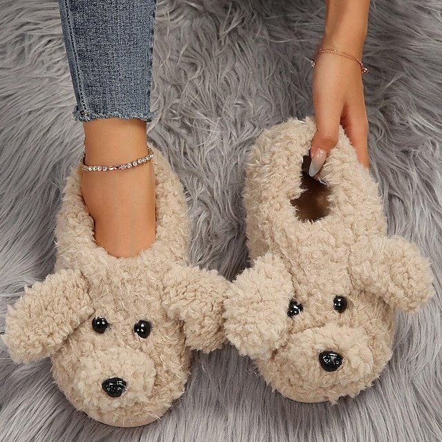  Dames Slippers Fuzzy pantoffels Indoor pantoffels Huis Dagelijks Hond Platte hak Casual Comfortabel minimalisme Elastische stof Leegloper Wit Khaki