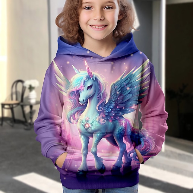  Girls' 3D Unicorn Hoodie Pullover Long Sleeve 3D Print Galaxy Rainbow Fall Winter Active Fashion Cute Polyester Kids 3-12 Years Outdoor Casual Daily Regular Fit