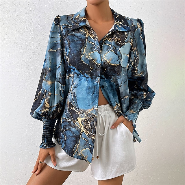  Women's Shirt Blouse Blue Button Print Graphic Abstract Casual Long Sleeve Shirt Collar Fashion Regular Fit Spring &  Fall