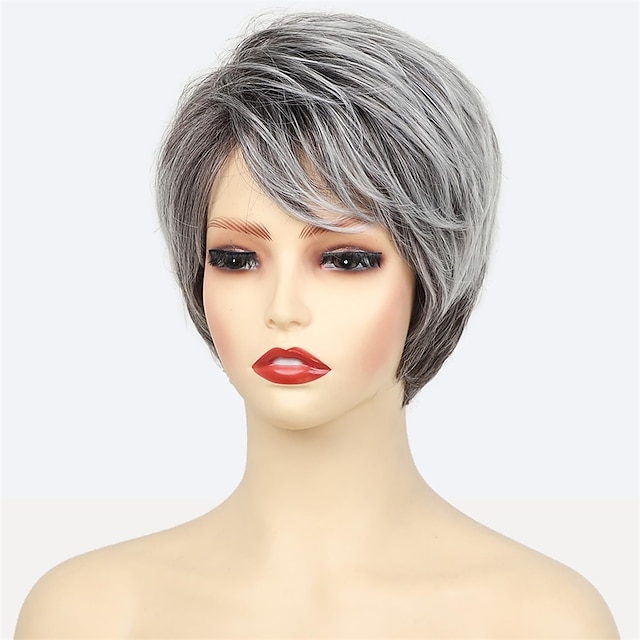 Grey Pixie Cut Wigs For Women Short Mixed Gray Wig With Bangs Layered Natural Synthetic Wig Old 9147