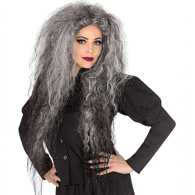  Peluca de bruja salvaje gris pelucas de fiesta de cosplay de halloween