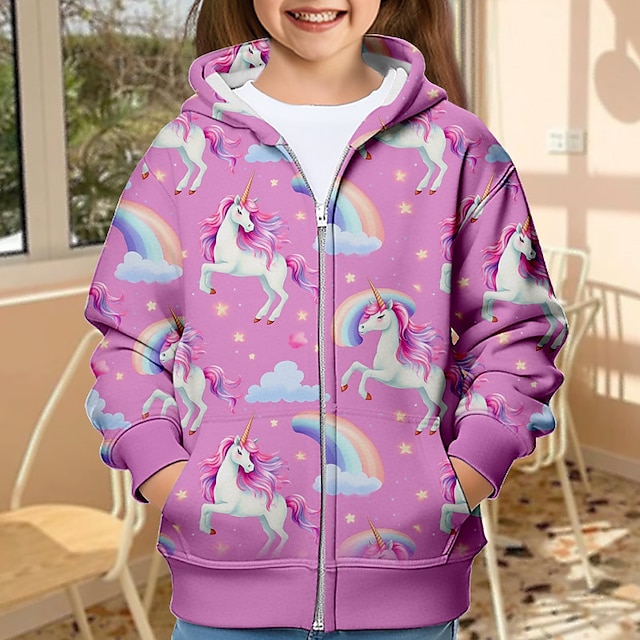  Girls' 3D Rainbow Unicorn Hoodie Coat Outerwear Long Sleeve 3D Print Fall Winter Active Fashion Cute Polyester Kids 3-12 Years Outdoor Casual Daily Regular Fit