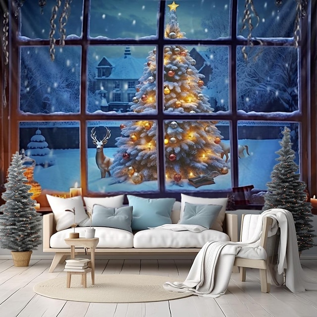 Christmas Decorations Hanging Tapestry Christmas Tree Winter Snow Wall Art Xmas Large Tapestry Mural Decor Photograph Backdrop Blanket Curtain Home Bedroom Living Room Decoration Window View