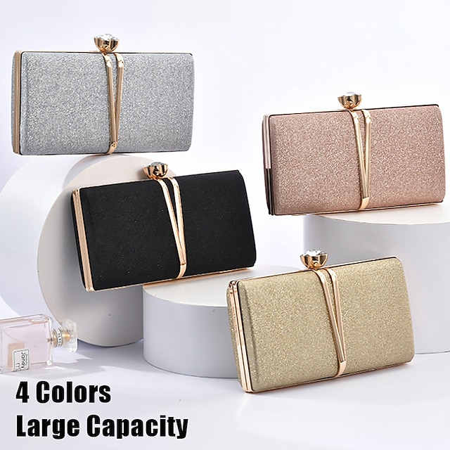  Women's Clutch Evening Bag Wristlet Clutch Bags Polyester Party Bridal Shower Holiday Rhinestone Chain Large Capacity Lightweight Durable Solid Color Silver Black Champagne
