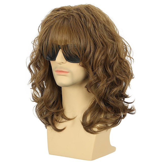  Καλιφόρνια 70s 80s rocker περούκα ανδρών γυναικών μακριά σγουρή καφέ αποκριάτικη περούκα
