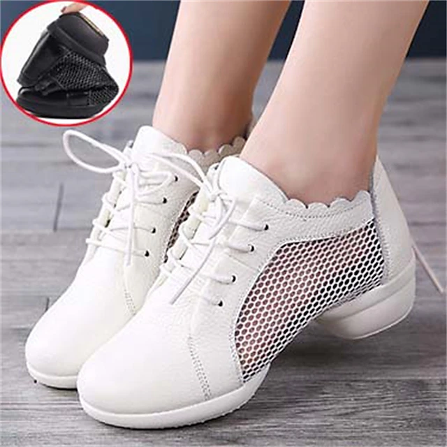 Women's White Mesh Leather Lace-Up Dance Shoes with Soft Flexible Sole, Breathable Jazz Sneakers for Latin Practice, Ballroom, and Fitness Training 17