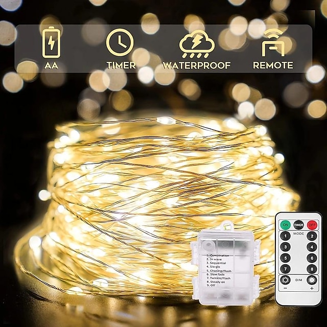  2M-20Leds/5M-50Leds/0M-100Leds/2M-120Leds Waterproof Battery Box Copper Wire Light String 8-function Remote Control Christmas Halloween Wedding Indoor and Outdoor Decorative Lights