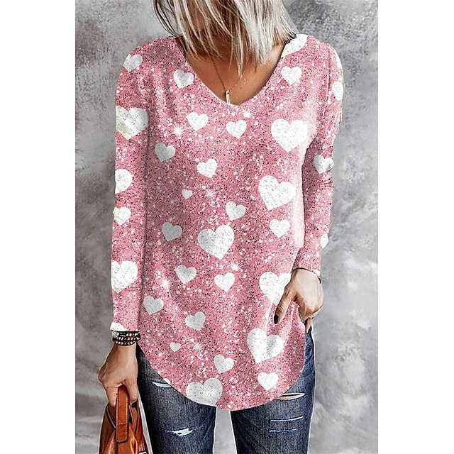  Women's T shirt Tee Pink Print Heart Valentine Weekend Long Sleeve V Neck Fashion Regular Fit Painting Spring &  Fall
