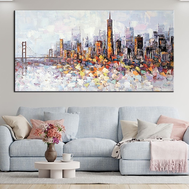  Große Wandkunst, handgefertigt, San Francisco Skyline-Gemälde, handgemalte Wandkunst, schwarz-weiße abstrakte Kunst, Spachtel, Stadtkunst, Heimdekoration, Dekor, gerollte Leinwand