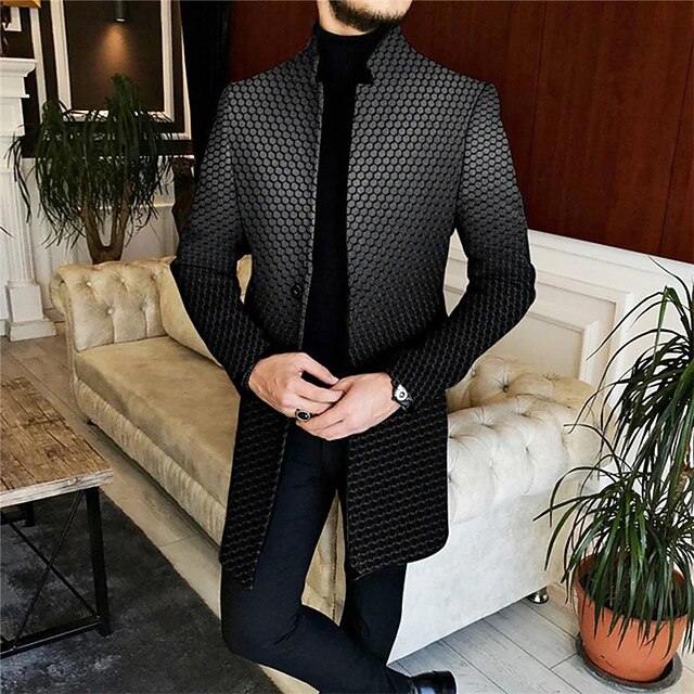 Men's Geometry Gradual Winter Coat Overcoat Coat Warm Comfortable Breathable Business Casual Work Wear to work Going out Pocket Print Fall & Winter Stand Collar Long Sleeve Navy Blue Blue Gray4