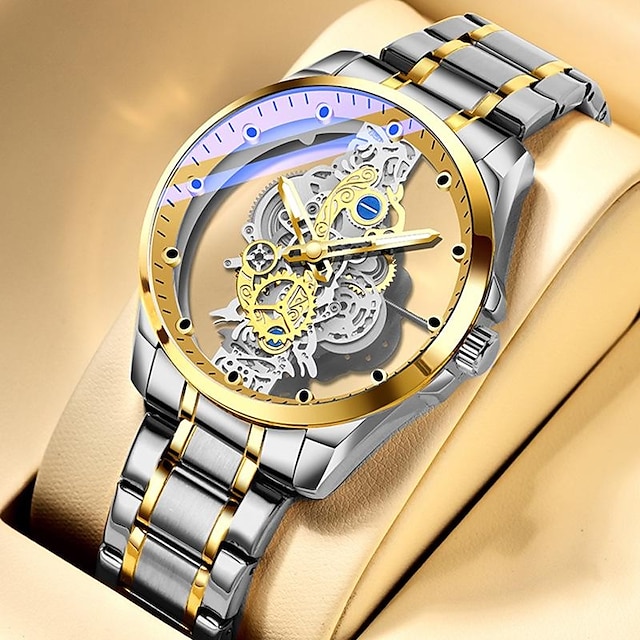  Relógio masculino oco de luxo, relógio automático de quartzo, esqueleto, vintage, luminoso, à prova d'água, couro, aço inoxidável, relógio masculino, presente