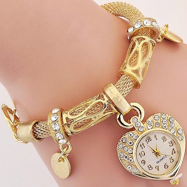  Relojes de pulsera dorados y plateados a la moda para mujer, reloj de pulsera para mujer y niña, reloj de cuarzo redondo con corazón de amor