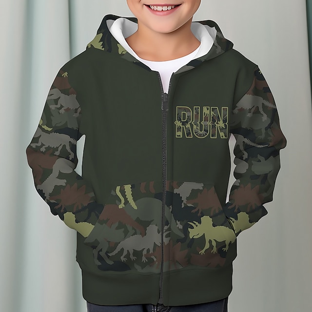  Pojkar 3D Dinosaurie Bokstav Huvtröja Kappa Ytterkläder Långärmad 3D-tryck Höst Vinter Mode Streetwear Häftig Barn 3-12 år Utomhus Ledigt Dagligen Normal