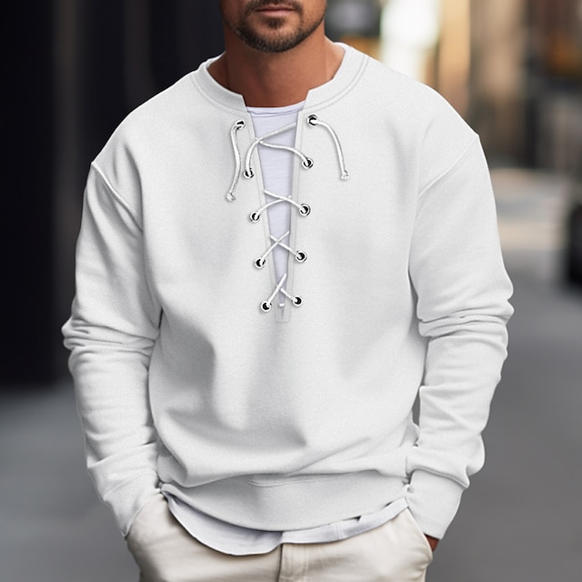  Men's Sweatshirt Black White Gray Color Block Crew Neck Sports & Outdoor Daily Holiday Lace up Streetwear Basic Casual Spring &  Fall Clothing Apparel Hoodies Sweatshirts  Long Sleeve