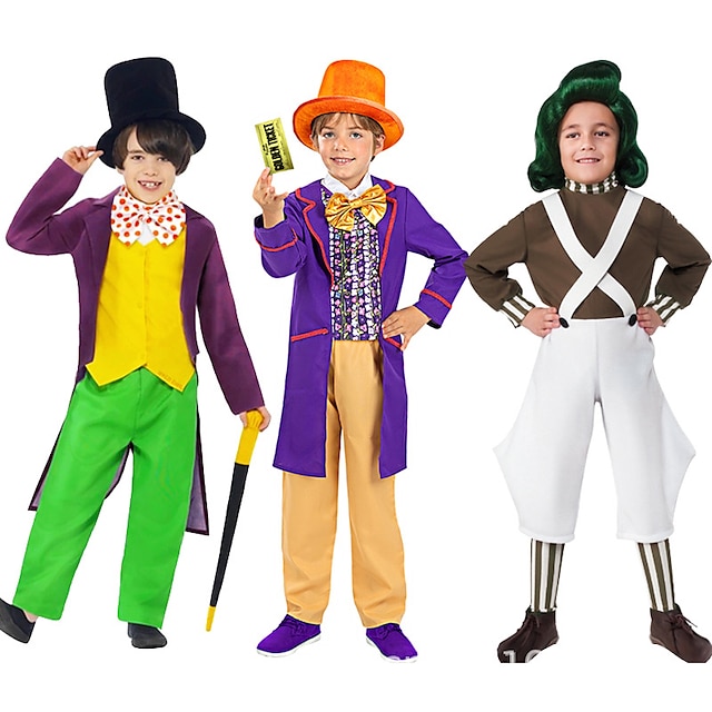  Charlie e la fabbrica di cioccolato Charlie Willy Wonka Costume cosplay Costumi della famiglia del gruppo di Halloween Da ragazzo Cosplay di film Cosplay Halloween Bianco Giallo Viola Costume