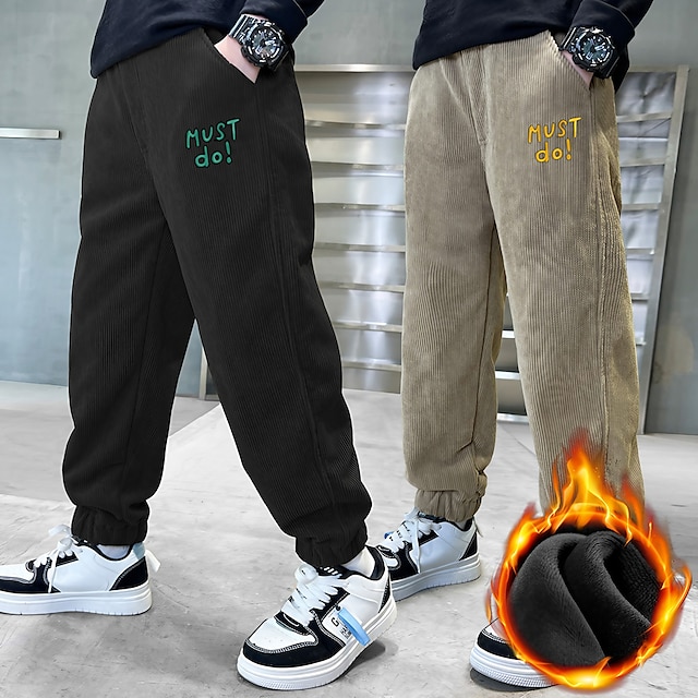  Kids Boys Pants Trousers Fleece Pockets Thickened Solid Color Letter Comfort Pants School Fashion Daily Black Brown Khaki Mid Waist