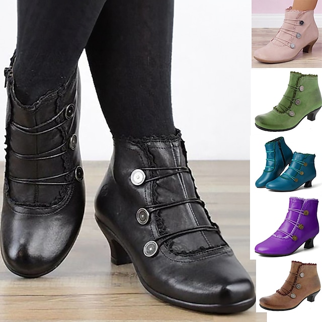  Women's Boots Button Boots Plus Size Booties Ankle Boots Daily Solid Color Booties Ankle Boots Winter Block Heel Round Toe Elegant Vintage Fashion Faux Leather Buckle Black Pink Navy Blue