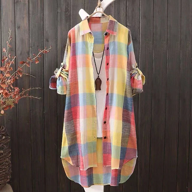 Women's Shirt Cotton Linen Shirts Blouse Plaid Casual Long Sleeve Shirt Collar Long Tops Casual Print Black Red Royal Blue Blue Summer Spring & Fall 8