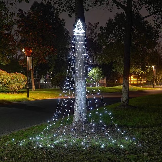  led juletrelys jule foss dekorasjon lys med topper 350 lysdioder 8 moduser innendørs solenergi utendørs lysstreng til hagefest hjemme ferie jul halloween Thanksgiving day