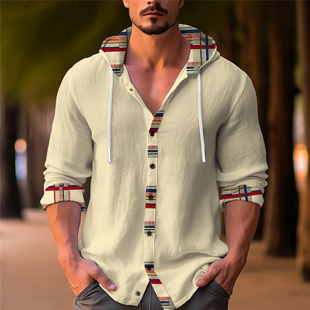  Stripe Geometry Casual Shirt Linen Shirt Men's Fall & Winter Outdoor Street Casual Daily Long Sleeve Hoodie Apricot Gray S M L Linen Shirt