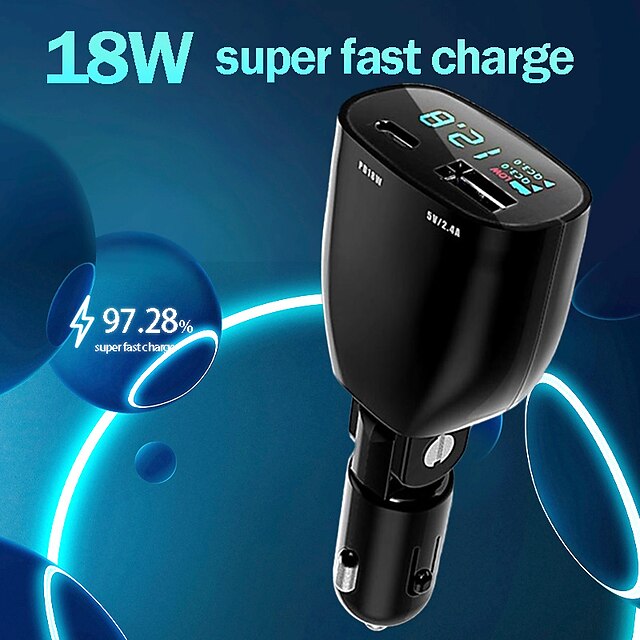  Car Charging Plug 90 Degree Rotation USB QC3.0PD 2 Ports Fast Charging Adapter With Battery Voltage Monitor For 12-24V Auto