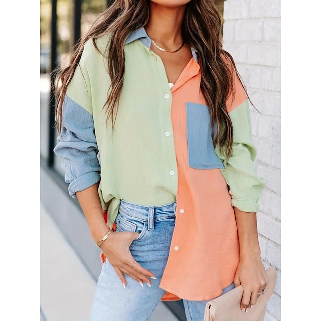  Women's Shirt Blouse Cotton Pink Blue Orange Button Pocket Color Block Casual Long Sleeve Shirt Collar Daily Regular Fit Spring &  Fall